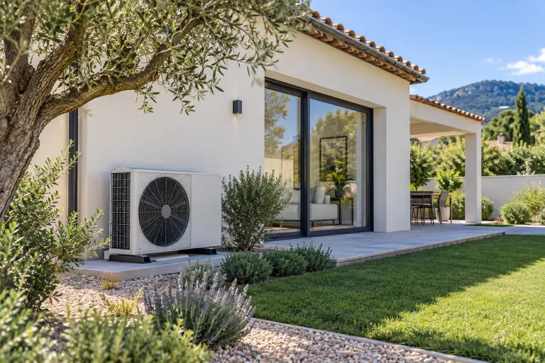 Pompe à chaleur air-eau installée à l'extérieur d'une maison
